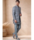 Pale Powder Blue Silk Jacquard Wedding Indo Western