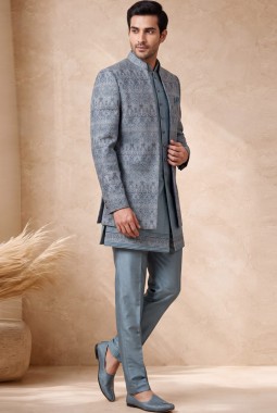 Pale Powder Blue Silk Jacquard Wedding Indo Western