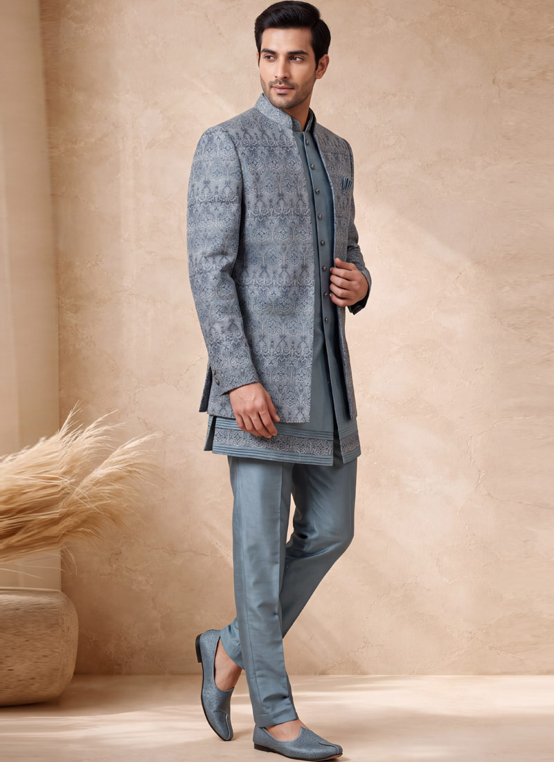 Pale Powder Blue Silk Jacquard Wedding Indo Western