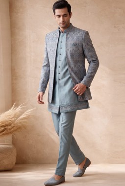 Pale Powder Blue Silk Jacquard Wedding Indo Western