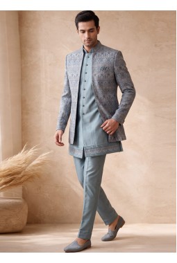 Pale Powder Blue Silk Jacquard Wedding Indo Western