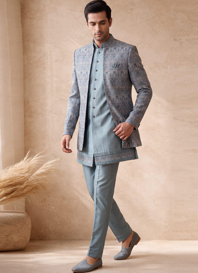 Pale Powder Blue Silk Jacquard Wedding Indo Western