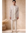 Cream Silk Embroidered Mens Wedding 3 Piece Indo Western