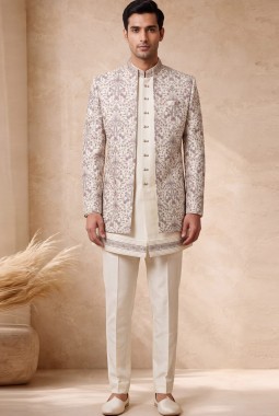 Cream Silk Embroidered Mens Wedding 3 Piece Indo Western