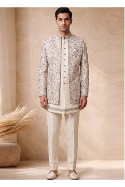 Cream Silk Embroidered Mens Wedding 3 Piece Indo Western