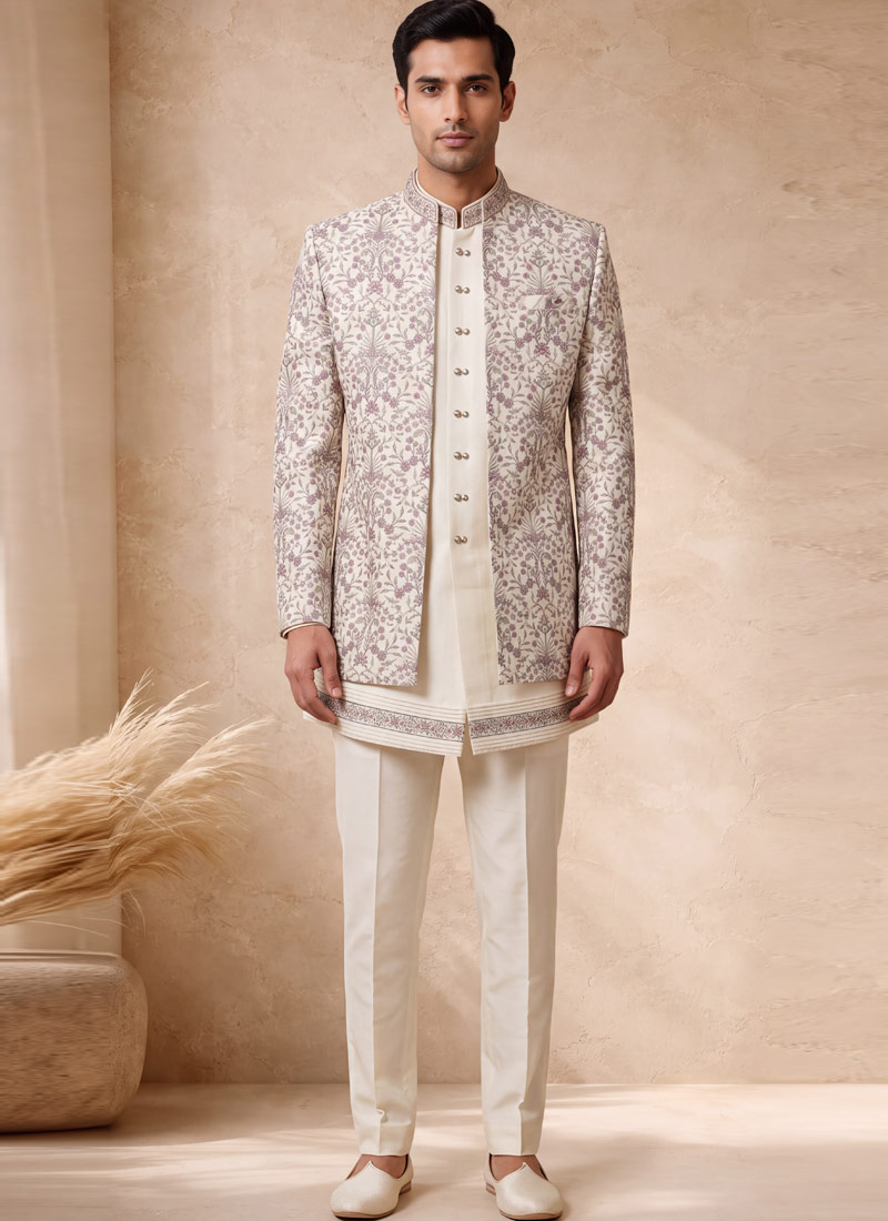 Cream Silk Embroidered Mens Wedding 3 Piece Indo Western