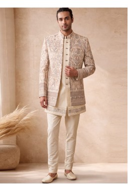 Cream Velvet Embroidered Wedding Indo Western