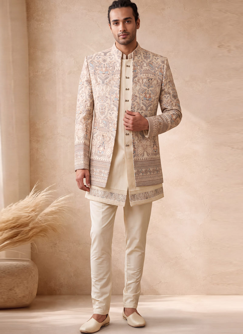 Cream Velvet Embroidered Wedding Indo Western