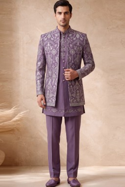 Orchid Silk Embroidered Mens Wedding Indo Western
