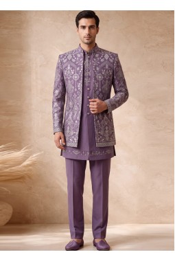 Orchid Silk Embroidered Mens Wedding Indo Western