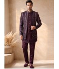 Burgundy Silk Embroidered Men's Wedding Indo Western