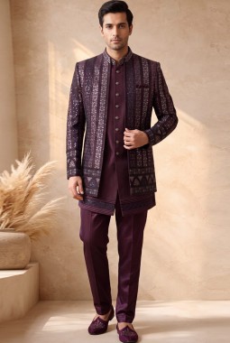 Burgundy Silk Embroidered Men's Wedding Indo Western