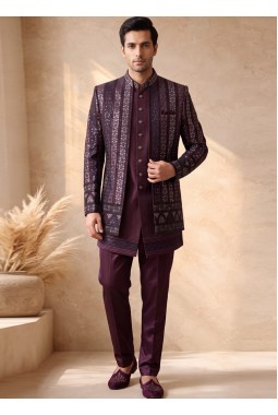 Burgundy Silk Embroidered Men's Wedding Indo Western