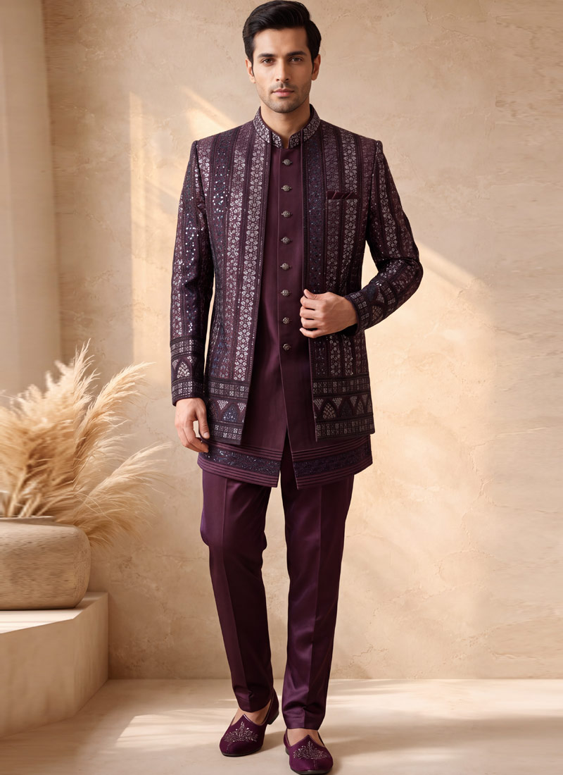 Burgundy Silk Embroidered Men's Wedding Indo Western
