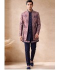 Premium Navy Blue Silk Jacquard 3 Piece Indo Western