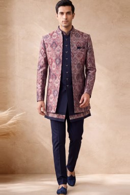 Premium Navy Blue Silk Jacquard 3 Piece Indo Western