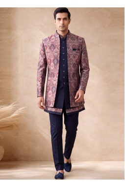 Premium Navy Blue Silk Jacquard 3 Piece Indo Western