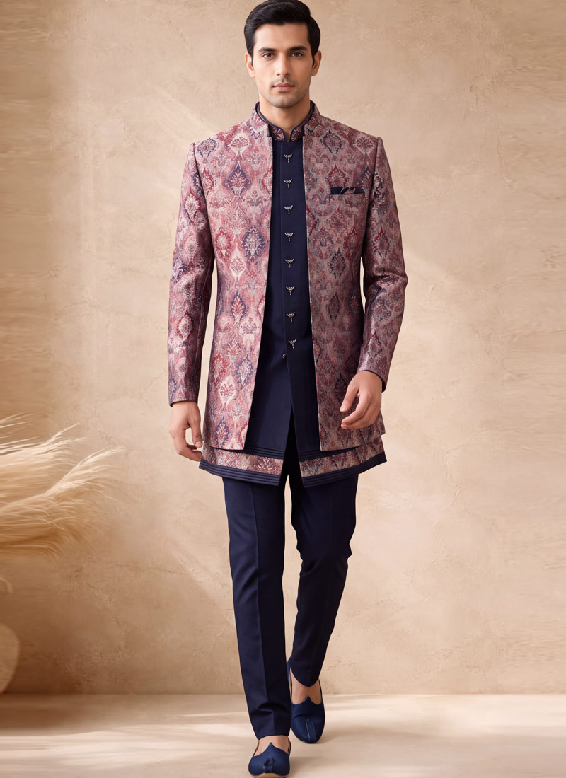 Premium Navy Blue Silk Jacquard 3 Piece Indo Western