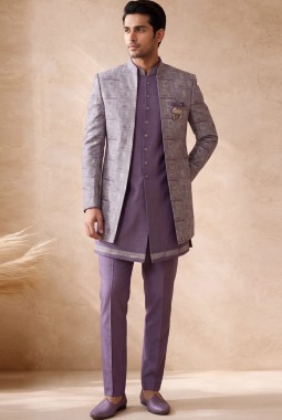 Lilac Silk Jacquard Wedding Indo Western
