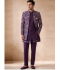 Violet Silk Embroidered Mens Wedding 3 Pices Indo Western