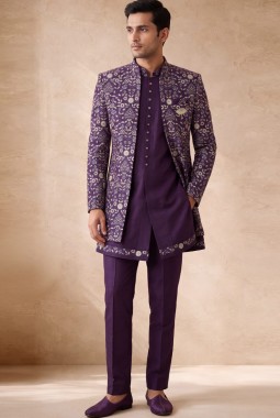Violet Silk Embroidered Mens Wedding 3 Pices Indo Western