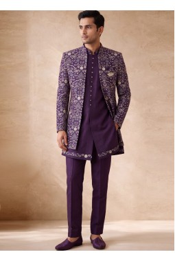 Violet Silk Embroidered Mens Wedding 3 Pices Indo Western