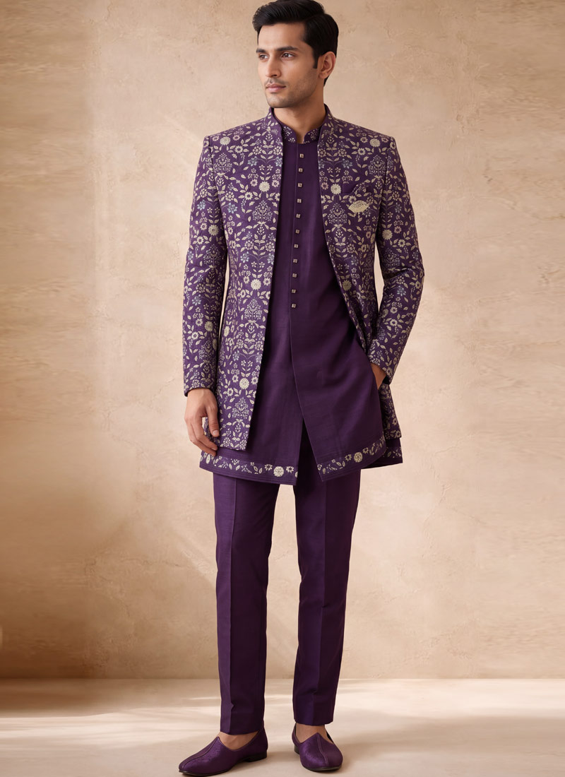 Violet Silk Embroidered Mens Wedding 3 Pices Indo Western