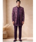 Designer Violet Silk Jacquard Mens Wedding Indo Western