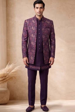Designer Violet Silk Jacquard Mens Wedding Indo Western