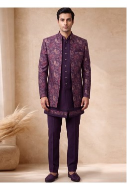 Designer Violet Silk Jacquard Mens Wedding Indo Western