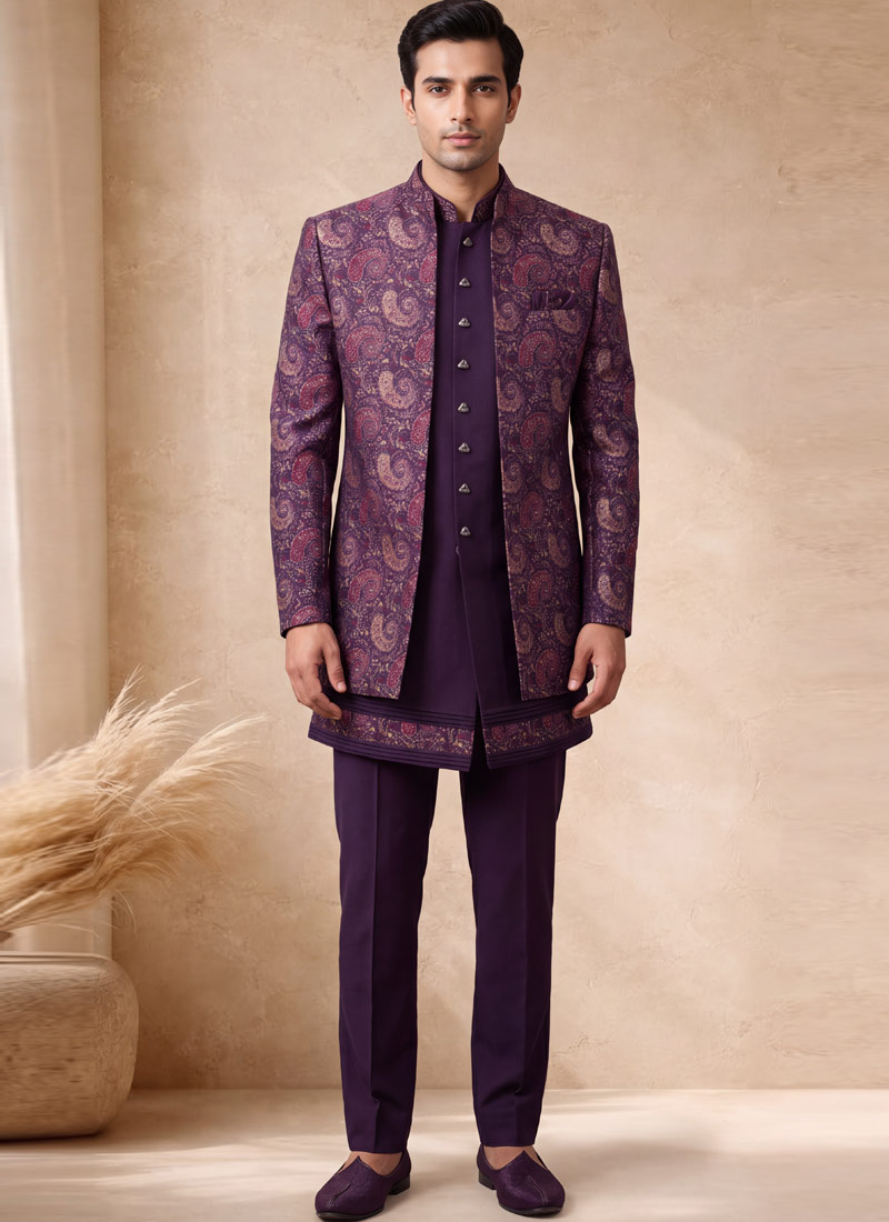 Designer Violet Silk Jacquard Mens Wedding Indo Western