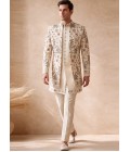 Milk White Silk Embroidered Mens Wedding Indo Western
