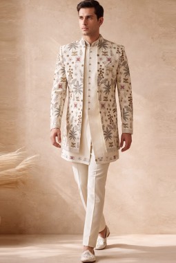 Milk White Silk Embroidered Mens Wedding Indo Western