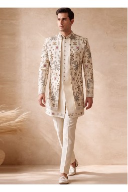 Milk White Silk Embroidered Mens Wedding Indo Western