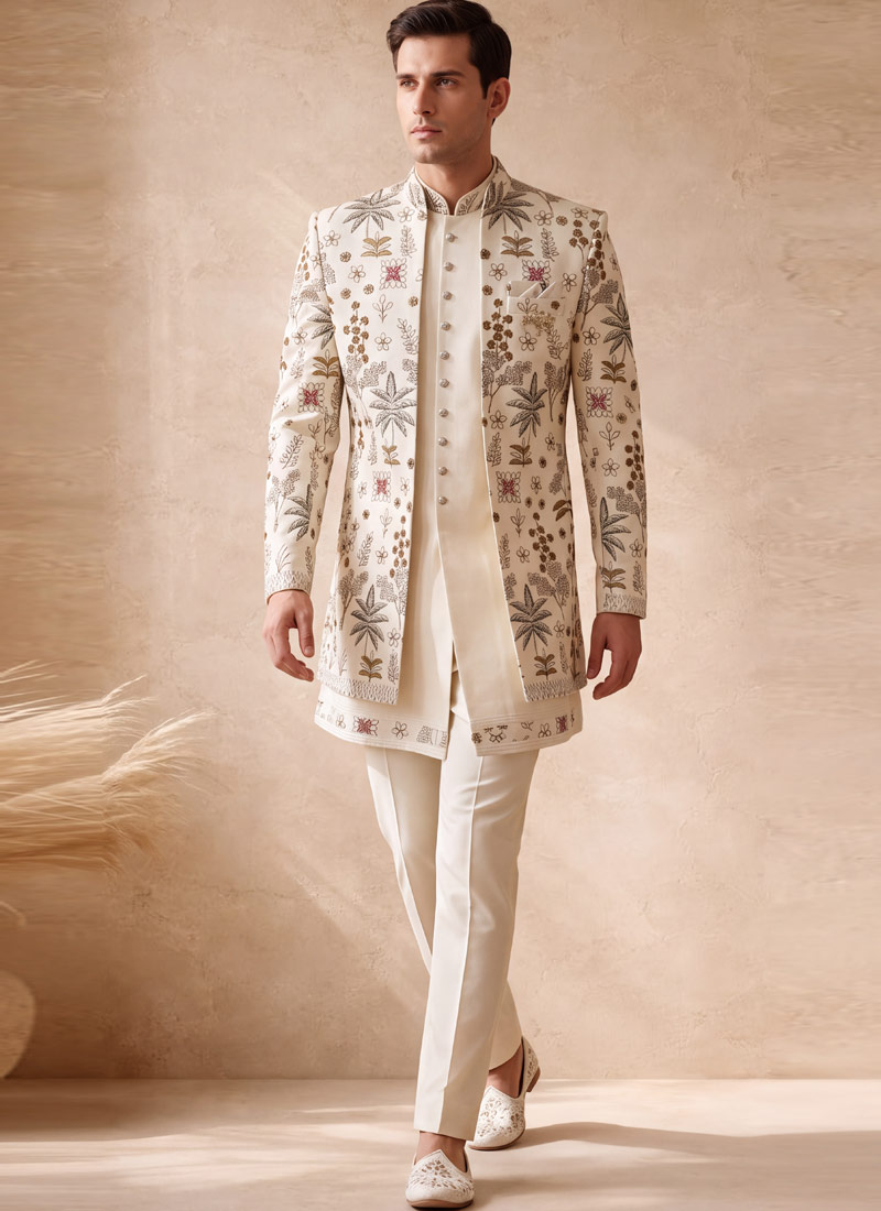 Milk White Silk Embroidered Mens Wedding Indo Western