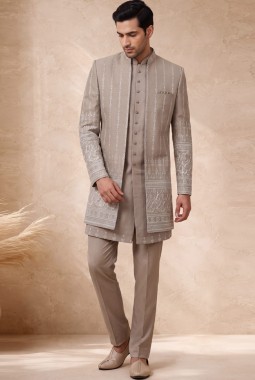 Beige Georgette Embroidered 3 Piece Indo Western