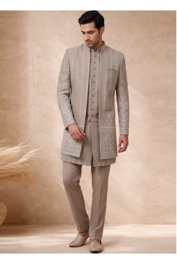 Beige Georgette Embroidered 3 Piece Indo Western