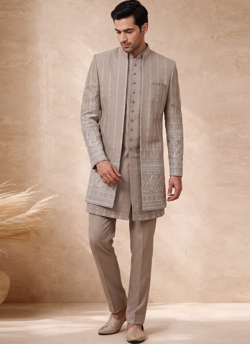 Beige Georgette Embroidered 3 Piece Indo Western