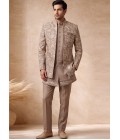 Beige Velvet Embroidered Mens Wedding Indo Western