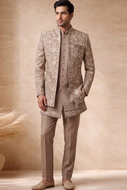 Beige Velvet Embroidered Mens Wedding Indo Western