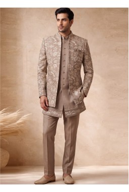 Beige Velvet Embroidered Mens Wedding Indo Western