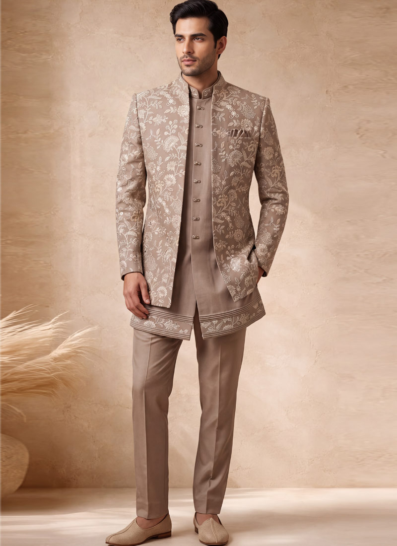 Beige Velvet Embroidered Mens Wedding Indo Western