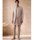 Beige Silk Embroidered Mens Wedding 3 Piece Indo Western