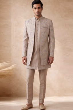 Beige Silk Embroidered Mens Wedding 3 Piece Indo Western