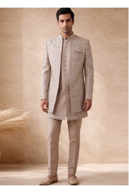 Beige Silk Embroidered Mens Wedding 3 Piece Indo Western