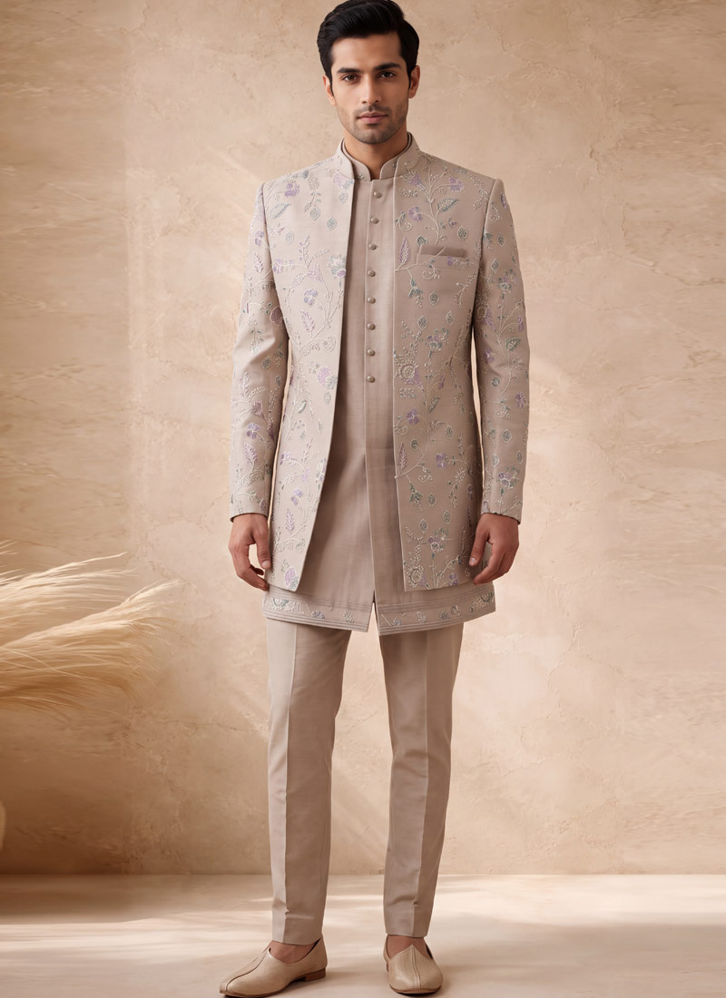 Beige Silk Embroidered Mens Wedding 3 Piece Indo Western