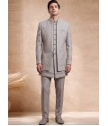 Beige Velvet Embroidered Mens 3 Piece Indo Western