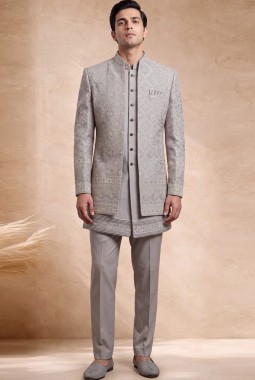 Beige Velvet Embroidered Mens 3 Piece Indo Western