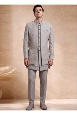 Beige Velvet Embroidered Mens 3 Piece Indo Western