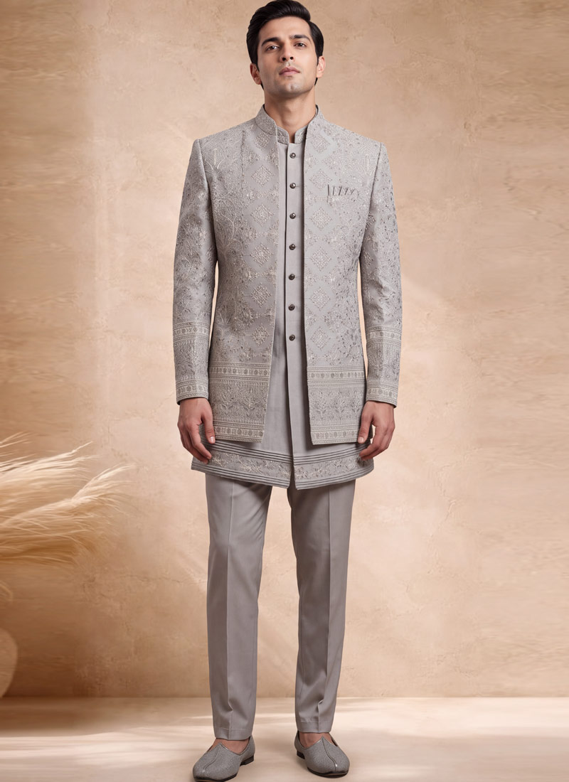 Beige Velvet Embroidered Mens 3 Piece Indo Western
